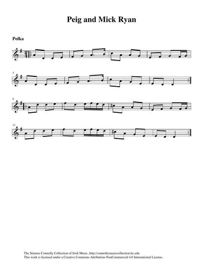 Traditional Irish music is on a strong footing, due in no small way to Peig and Mick Ryan from Murroe, County Limerick. At a time when the music was unpopular, Peig and her husband Mick worked diligently to promote Irish music and culture in all its forms. We have been friends forever it seems. Peig and Mick would visit my home in Killaloe, County Clare, and hearing Peig's flute playing and Mick's singing was always a delight. <br /><br />When my wife Sandy and I visited Peig a few years ago we recorded her music including this polka (with me playing along). At eighty-four years young, Peig had the same old enthusiasm and fondness for the music. Paddy Neil from near Newport, County Tipperary, recorded this polka for Ciar&aacute;n Mac Math&uacute;na over fifty years ago. I had originally named it for Mr. Neil, but I'm confident he would approve of my naming it for his friends and neighbours, Peig and Mick Ryan.