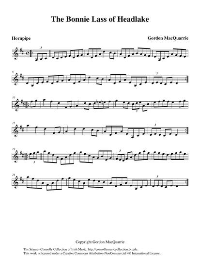 I first heard this tune played as a hornpipe by Paddy O'Brien with The Lough Gowna C&eacute;il&iacute; Band in the early 1960s. In fact, the tune was originally composed as a four-part march by Gordon MacQuarrie of Cape Breton. MacQuarrie, a noted fiddle player and composer, published the tune in 1940 in his book <em>The Cape Breton Collection of Scottish Melodies</em>. <br /><br />It is fascinating to imagine the musical meetings that occurred when musicians from Ireland immigrated to America and encountered not only American-born players of Irish traditional music, but also players of Scottish music from Cape Breton. This tune is a great example of such musical cross-pollination. Perhaps Paddy O'Brien picked the tune up in America from a fiddle player, or from MacQuarrie's book, converted it to a hornpipe, and took it back to Ireland with him when he returned in the early 1960s. And now, 'The Bonnie Lass of Headlake' has travelled back and forth across the Atlantic many times; this time in fine style indeed, played by John Daly on the fiddle with Kevin Brehony at the piano.