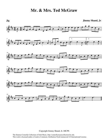 I have known Ted and Bridget McGraw of Rochester, New York, since the 1980s. I have great memories of playing with Ted in The Village Coachhouse, in Brookline, Massachusetts, a veritable musical institution that was owned by the Varian family of Cork. Here Ted recounts how he came to have a tune written for him and Bridgie by Jimmy Shand, Jr., renowned Scottish accordionist, composer, and accordion tuner: 'We were in Scotland in '86 heading out of Auchtermuchty looking for Jimmy Shand's house when I spotted Jimmy Jr. standing by his gate across the road. He was instantly recognizable from his record jackets. His famous father was adjudicating somewhere up the country so Jimmy Jr. graciously invited us in for a chat. When I saw his shop I immediately asked if he could convert an old Hohner Club Morino to Irish tuning. The bargain was made and even at that time, it was difficult to match the quality of 'Artiste' reeds, so about a year later the box came back to me in Rochester with the tune enclosed, dated Oct. '87. The tone quality of the box, by the way, was beautiful!' The jig is played here for us by Josephine Keegan on fiddle and piano.