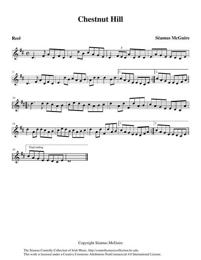 This reel was composed by S&eacute;amus McGuire in honour of Chestnut Hill, Massachusetts, the location of Boston College. S&eacute;amus was invited to teach and perform at the Boston College Gaelic Roots Festival. He plays his tune here with his brother Manus McGuire on fiddle and Garry O'Briain on mandocello and piano. S&eacute;amus, Manus, and Garry were also part of the teaching staff at the University's Gaelic Roots Festival.