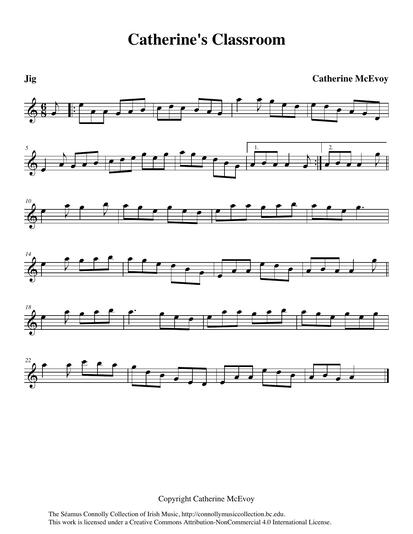 Catherine McEvoy composed this jig. I named it 'Catherine's Classroom' after reading her story of how the tune came about. In her own words: 'I have a wooden cabin at the back of the house that I use for teaching in, and for musical purposes. I was on my own one evening waiting for pupils to come, and playing a few tunes, and it just came to me. I called it "The Cabin Jig" just to give it a name when I wrote it down, hoping to come up with something better. Unfortunately, it's not a very exciting story, and I never did get round to re-naming it.'