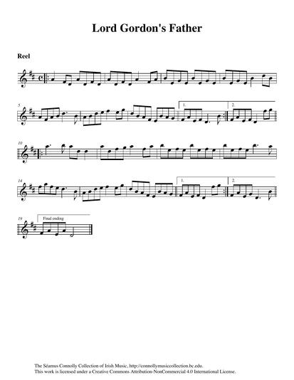 The long version of the reel 'Lord Gordon', which the great Michael Coleman recorded in the 1930s, contains a number of parts which are attributed to that master County Sligo fiddle player. Another version, with two parts, was recorded on a 78 by musicians from the Ballinakill area of County Galway. Here, Monsignor Charlie Coen gives us still another two-part setting of the tune, which he has given the clever title 'Lord Gordon's Father', surmising that the origins of Michael Coleman's masterpiece lie in an older, simpler setting of the tune, perhaps somewhat like this one.
