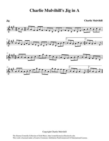Accordionist, concertina player, and composer Charlie Mulvihill from New York composed this tune. Charlie was very friendly with the great Paddy Killoran, master fiddle player from County Sligo. When Paddy Killoran died, his wife Betty gave Charlie the 78 RPM recordings that Paddy had recorded in the 1930s and '40s. Charlie transferred the records to tape for Mrs. Killoran to enjoy once again. Along with the Killoran recordings, Charlie gave her a tape of his own compositions which includes this jig cleverly structured around the recurrence of the note 'A'. He plays it on this track with his daughter Geraldine on piano and son Tommy on fiddle. I am grateful to Tommy Mulvihill for giving me permission to feature the track with this collection.