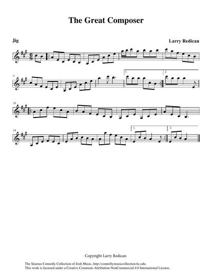 A prolific composer in the world of Irish music was master fiddle player Larry Redican. I didn't have a name for this jig, hence the title 'The Great Composer' came to mind. Larry plays the fiddle on this tune, which was a favourite of his friend Mr. Roger Casey, an Irish dance adjudicator. Roger kindly gave me all the recordings of Larry Redican which are featured in this collection, with the exception of the recording of <a href="https://library.bc.edu/ds/connolly/document/515" target="_self">'Larry's Strange Jig'</a>.