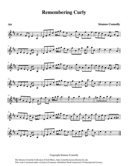 Paula, a fiddle student in one of my classes at the Rocky Mountain Fiddle Camp, asked me to 'make a tune' in honour of her late father, Curly. Paula really wanted to play something new at the student concert which was to be held at the end of the week of classes. I agreed at the time, but somehow managed to forget her request until one afternoon, I awoke from a nap in a panic. I had only then remembered my promise to Paula, and then panicked more. Never having known Curly or anything about him, it was not easy to make a tune for him. However, I did take out my fiddle and gave it a few strokes. Happily, I began to get some ideas into my head of what 'Remembering Curly' might sound like. With some shape to the tune, Paula was able to play it at the concert. <br /><br />A more complete version of the tune is heard on this track, with my good friends the late John McGann playing guitar and Gabriel Donohue on keyboard. John was very involved with the transcription of the tunes for this project but, alas, he left us too soon. So in John's memory, perhaps 'Remembering Curly Remembering John McGann' might be a perfect title for this tune. Thanks, John, for all the music, stories, laughs, and friendship.