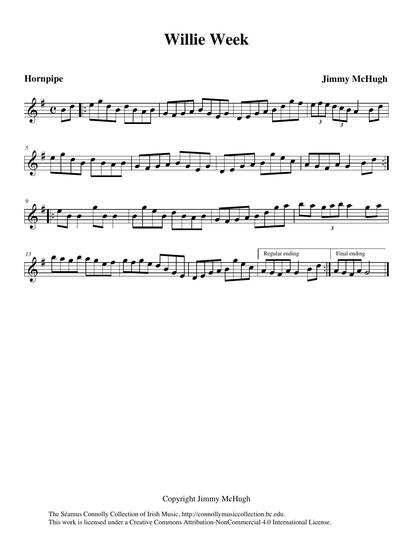 The memory of legendary piper Willie Clancy from County Clare continues to be immortalised with this fine hornpipe. A composition of County Tyrone's All-Ireland champion fiddle player Jimmy McHugh, the tune is played here for us by Jimmy's son Benny. Benny kindly recorded a number of his father's compositions for me in Donegal in 2009. The Willie Clancy Summer School, affectionately known as 'Willie Week', has special memories for me and for thousands of musicians and music lovers from around the world.