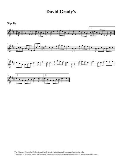 I love slip jigs and I enjoy playing them. Patrick W. Joyce collected this one from David Grady, a flute player from Ardpatrick in County Limerick, but he did not get the tune's name. 'David Grady's' sounds good to me. Mr. Joyce's collection was published in 1876. I have it in my library, and my copy once belonged to a Br&iacute;d O'Callaghan from County Limerick. She signed the book in 1961, when she was 16 years old. I wonder where she is now. Wherever you are, Br&iacute;d, this tune lives on and I play it here for you.