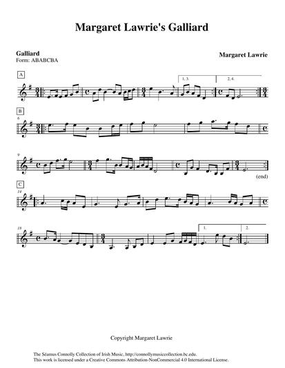 Margaret Lawrie wrote this third and final tune that she and Michael Burnham recorded for this collection. It may also be heard on their own CD <em>Bygone Days</em>, a recording dedicated to Meg's grandfather, fiddle player Michael Cullen from County Roscommon. The tune is based on the gaillarde, or gagliarda, a dance form which was popular in continental Europe in the sixteenth century. Margaret also told me that the galliard was popular in England, but not so with The Birmingham C&eacute;il&iacute; Band of which she was a member!
