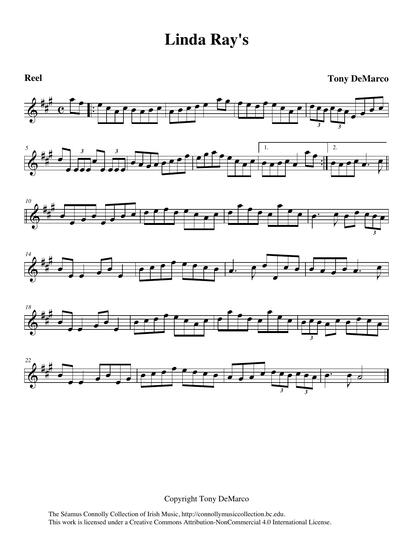 The great fiddle player from New York City, Mr. Tony De Marco, composed this reel for his friend Linda Hickman, herself a lovely flute player. When I heard this reel performed by Tony and Charlie Lennon on Tony's CD <em>The Sligo Indian</em>, I fell in love with it instantly. Tony was so gracious when I asked him if he would record it for this collection. 'Consider it done,' he said. Tony, the reel brings a smile to my face. It is a wonderful tune, so happy and full of love.