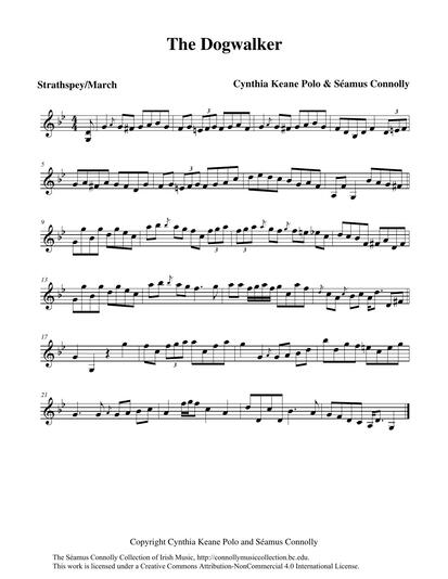 Cindy Polo, my good friend, phoned me one night and lilted part of this melody to me. I loved the sound of it and suggested to Cindy that it might fit naturally on the fiddle in a minor key. We talked about 'doing something with it', and so we began to collaborate on making a tune. For inspiration, we talked about Cindy's evening ritual of walking her dogs: an evening parade in her neighbourhood of people young and old, big and little, walking and being walked by a vast array of canines. Our musical thoughts and ideas were sung and played to one another over the phone for a few weeks, until we finally decided that our tune didn't sound too bad. In fact, we liked it! We are still unsure, though, as to whether it is a strathspey or a march. Time and distance did not allow Cindy and I to record our tune together, so, for what it's worth, and for your pleasure, here I am playing 'The Dogwalker'.