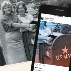 Photo of students from 1970s placing letter in to a mailbox, next to an image of a cellphone with the same photo on it