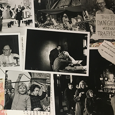 Photo collage throughout Jane Jacob's life plus exhibit poster