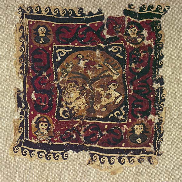 Textile fragment with tree of life, human figures, bird