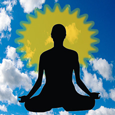 A stylized imaged of a person meditating