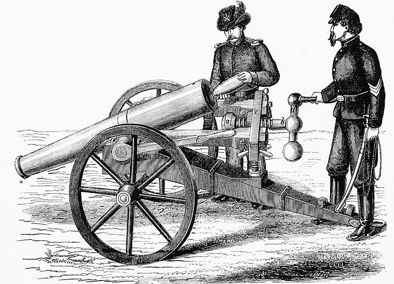 An old print of two soldiers arming a canon