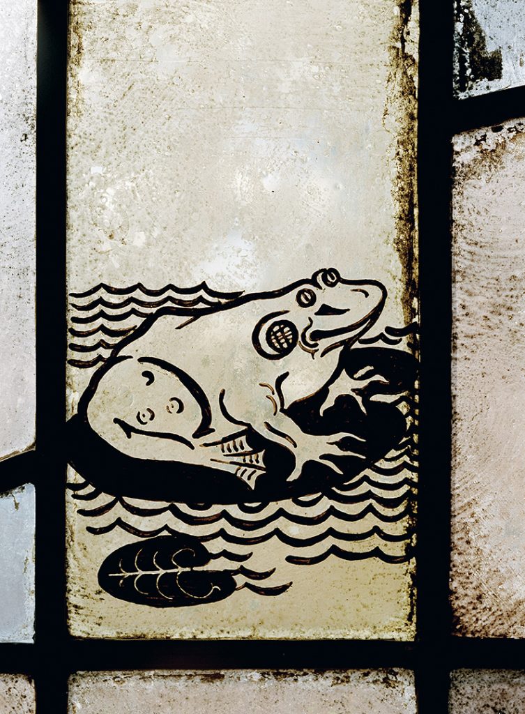 Stained glass image of a frog