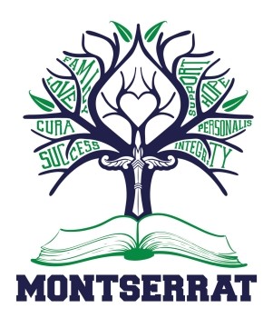 Boston College Montserrat Program's Tree Logo: A tree growing from the binding of a book, with the words family, love, cura, success, support, hope, personalis, and integrity in the branches