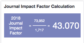 Calculation of the Impact Factor of the journal Nature, as displayed in Journal Citation Reports. 2018 Journal Impact Factor = 73952/1,717 = 43.070