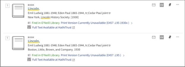 Library search results displaying “Full Text Available at Hathitrust links.