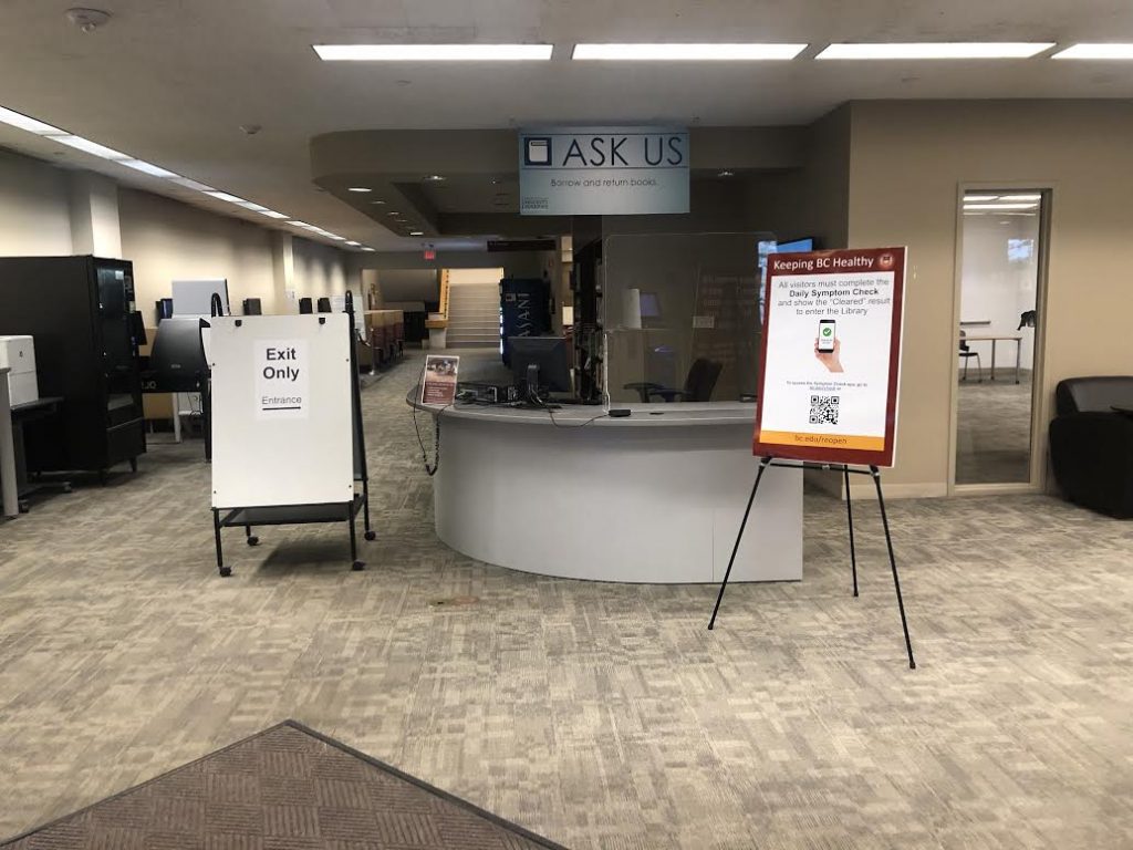 O'Neill Library level 1 service desk with "Exit Only" routing signage