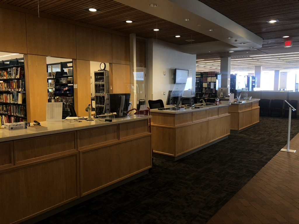 O’Neill Library level 3 circulation desk with plexiglass barriers.