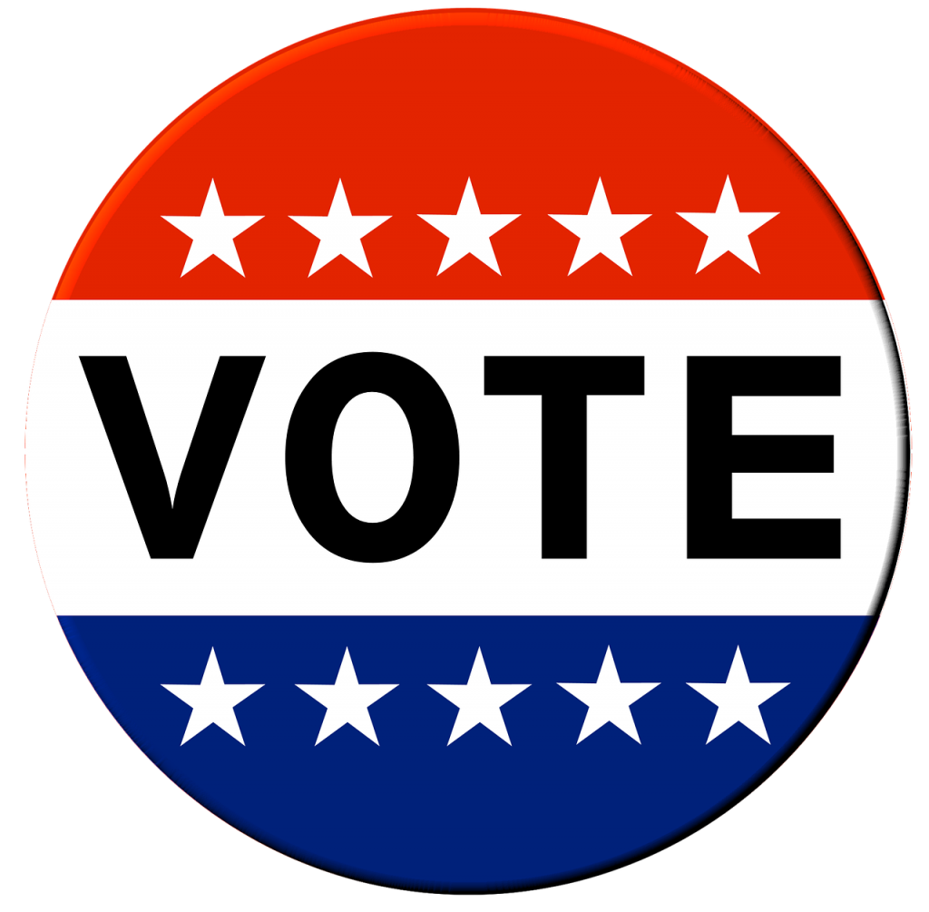 Red white and blue button with white stars, and "VOTE"