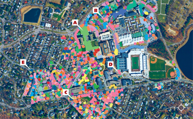 Satellite view of Boston College Chestnut Hill campus in 2010, with many colorful circles denoting species of trees.