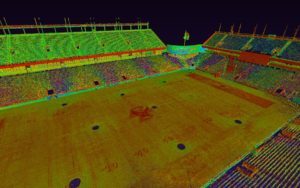 Multicolored LiDar image of Alumni Stadium field, with different shades representing elevation, showing minor dips and rises in shades of red and green in the otherwise flat field.