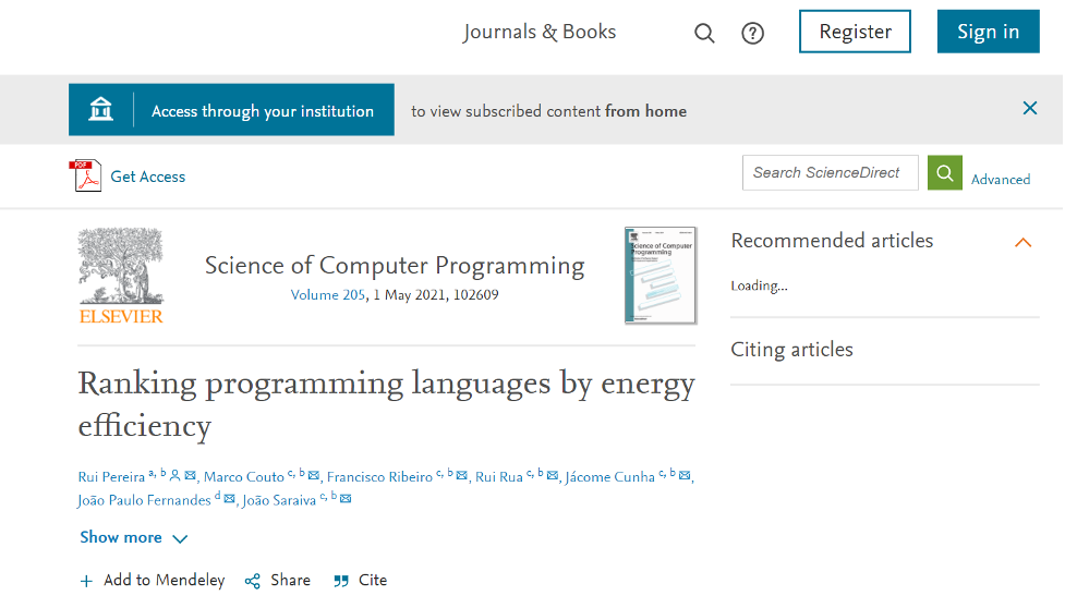 A sample article record in an Elsievier-published journal shows an “Acces through your institution” button in the upper left.