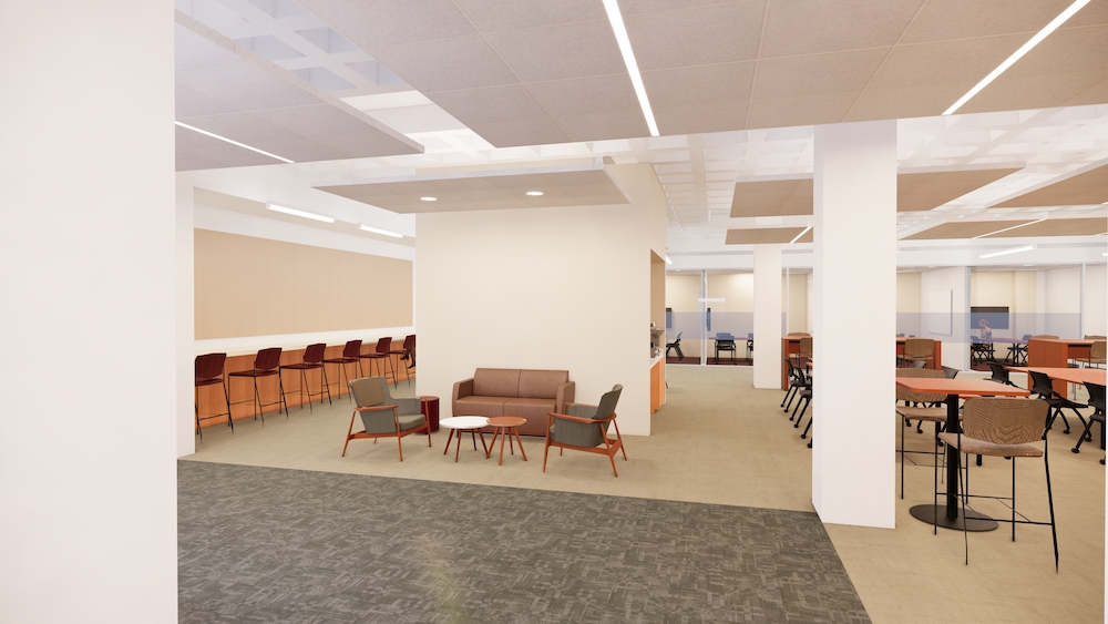 Computer rendering of student study space. There are low cushioned chairs, tall chairs at a bar, tall chairs at two-person tables, and lower wheeled chairs at conference tables. In the background are glass-walled study group study rooms.