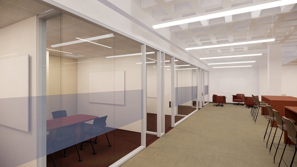 Computer rendering of glass-fronted study rooms. 3 rooms are pictured to the left of open study tables.