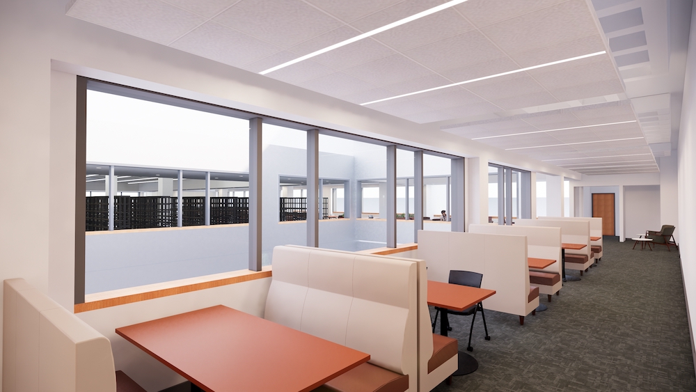 Computer rendering of a booth seating area next to sunny atrium windows.