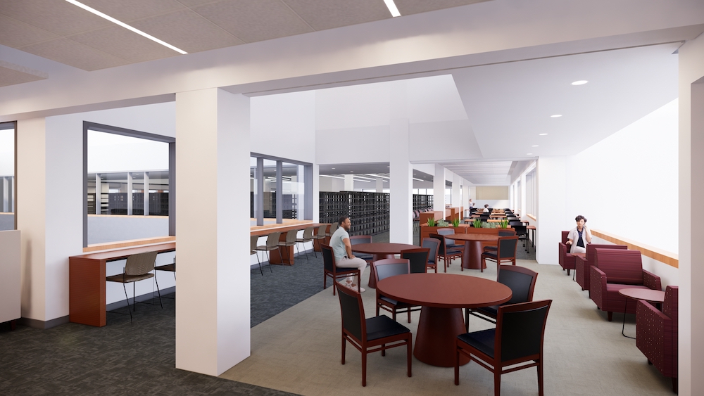 Computer rendering of new seating in sunlight through windows. In the foreground are some round tables with chairs, and some cushioned chairs near low tables. To the left are tall chairs at a bar overlooking the atrium. In the background are group study tables.