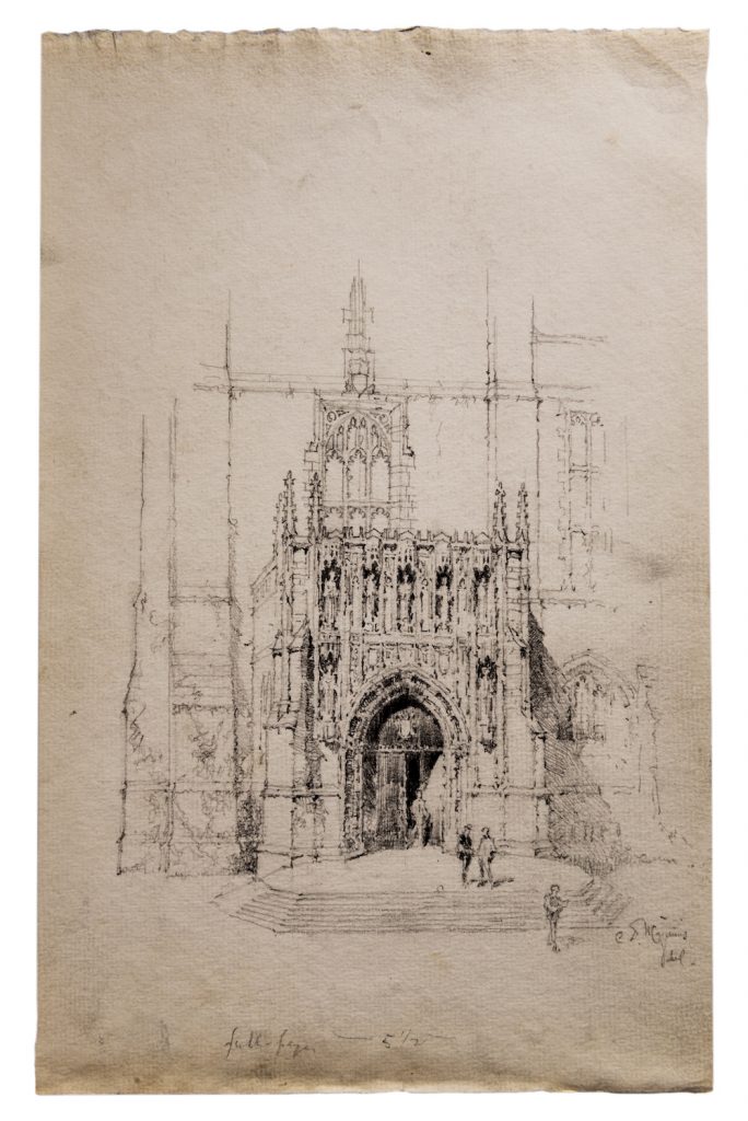 pencil sketch on brown-tinted paper of neo-gothic building with gothic doorway, tower, and decorative details