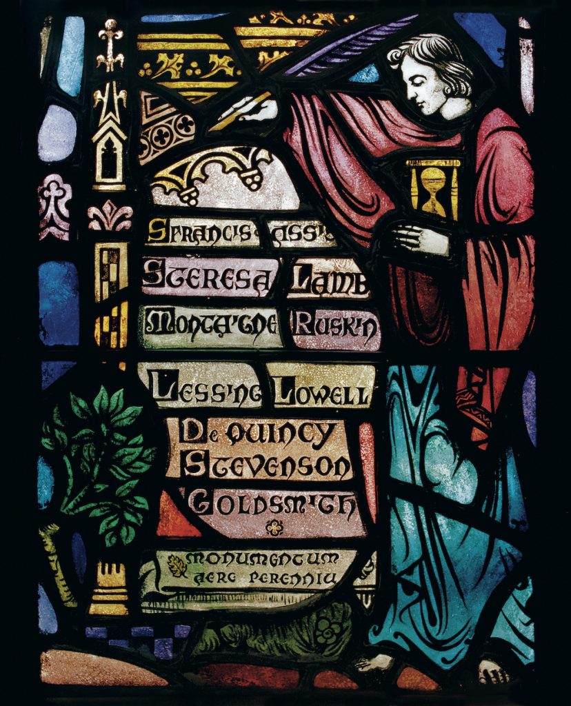 Stained glass image of a man in a red robe holding an hourglass and quill pen standing next to a stack of books with authors on the bindings such as Ruskin, Lessing, Lowell, and Stevenson