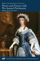 book cover: Poems and Fancies with The Animal Parliament, Margaret Cavendish. A 17th century painting of the poet in an extravagant blue gown and blue and white head-piece graces the blue cover.