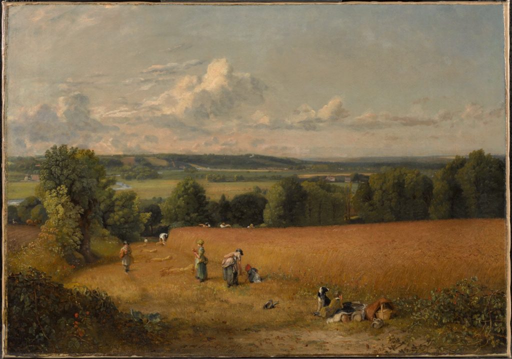 In a painting, small figures of men, women, children, and a dog work at the edge of a wheat field, with trees and rolling hills in the background, under a cloud-studded clear sky.