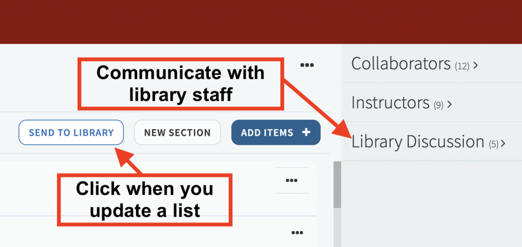 Screenshot from Course Resources showing the "Send to library" button and the "Library Discussion" link