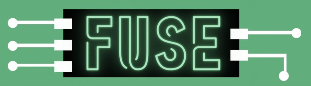 Journal FUSE cover image: green neon-like letters on a black rectangle attached to a green background with a stylized printed circuit board