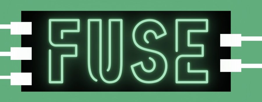 Journal FUSE cover image: green neon-like letters on a black rectangle attached to a green background with a stylized printed circuit board