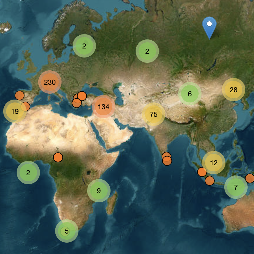 map of Asia and Africa, with orange, yellow, and green circles with numbers inside scattered across the map