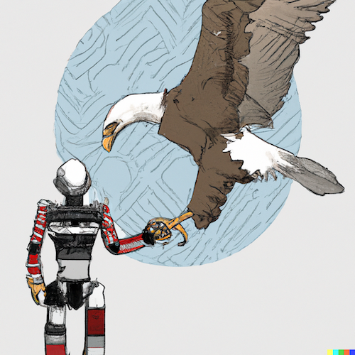 An electronically-generated painting of a bald eagle with wings spread in flight shaking hands with a black and red android.