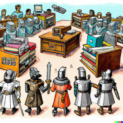 5 figures in medieval armor face computers and robots arrayed behind bookshelves.