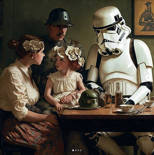 A Star Wars stormtrooper, a German WW2 stormtrooper, and a girl and her mother in early 1950's dress sit around a table, painted in the style of Norman Rockwell.