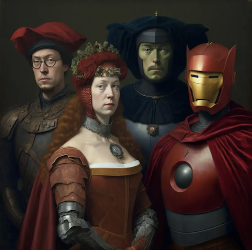 Marvel's Ironman and Magneto with two other figures, all painted in the style of Dutch Renaissance painter Jan van Eyck.