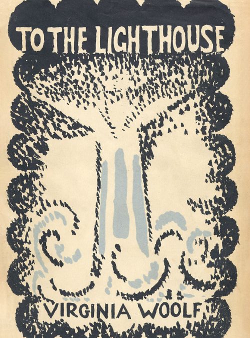 Fanciful woodcut in black, beige, and blue, of a lighthouse, with “TO THE LIGHTHOUSE” and “VIRGINIA WOOLF” both worked into the image.
