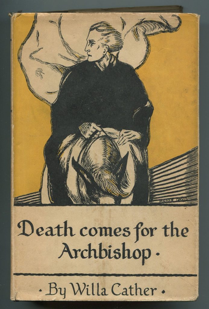Black and white image of a dark figure on horseback, “BY WILLA CATHER” listed as a top heading with “DEATH COMES TO THE ARCHBISHOP” in red font below