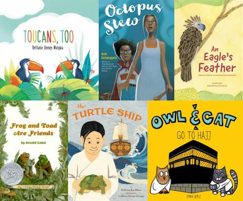 six colorful children's book covers, with toucans, an eagle, frog, toad, turtle, owl, and cat