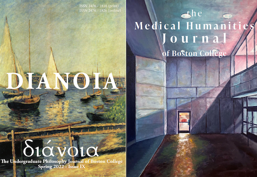Two colorful covers of journals: Dianoia (yellow to green, with sailboats in the sun) and The Medical Humanities Journal, violet to pink, a night scene at a building entrance.
