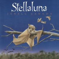 Book cover: a grey bat has its wings entangled in a tree branch against a dark blue background. Title: Stellaluna
